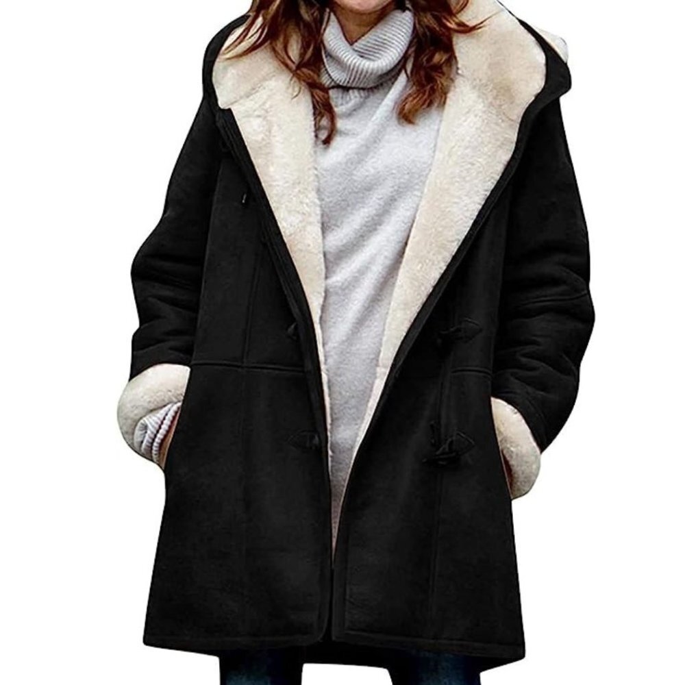 Hooded Black Sherpa Lined Faux Suede Winter Jacket Toggle Front Small‎ NWT